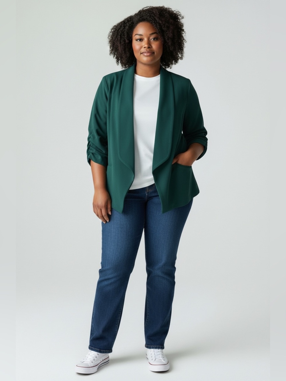 Women's Open-Front Blazer with Ruched Three-Quarter Sleeves - Emerald Green